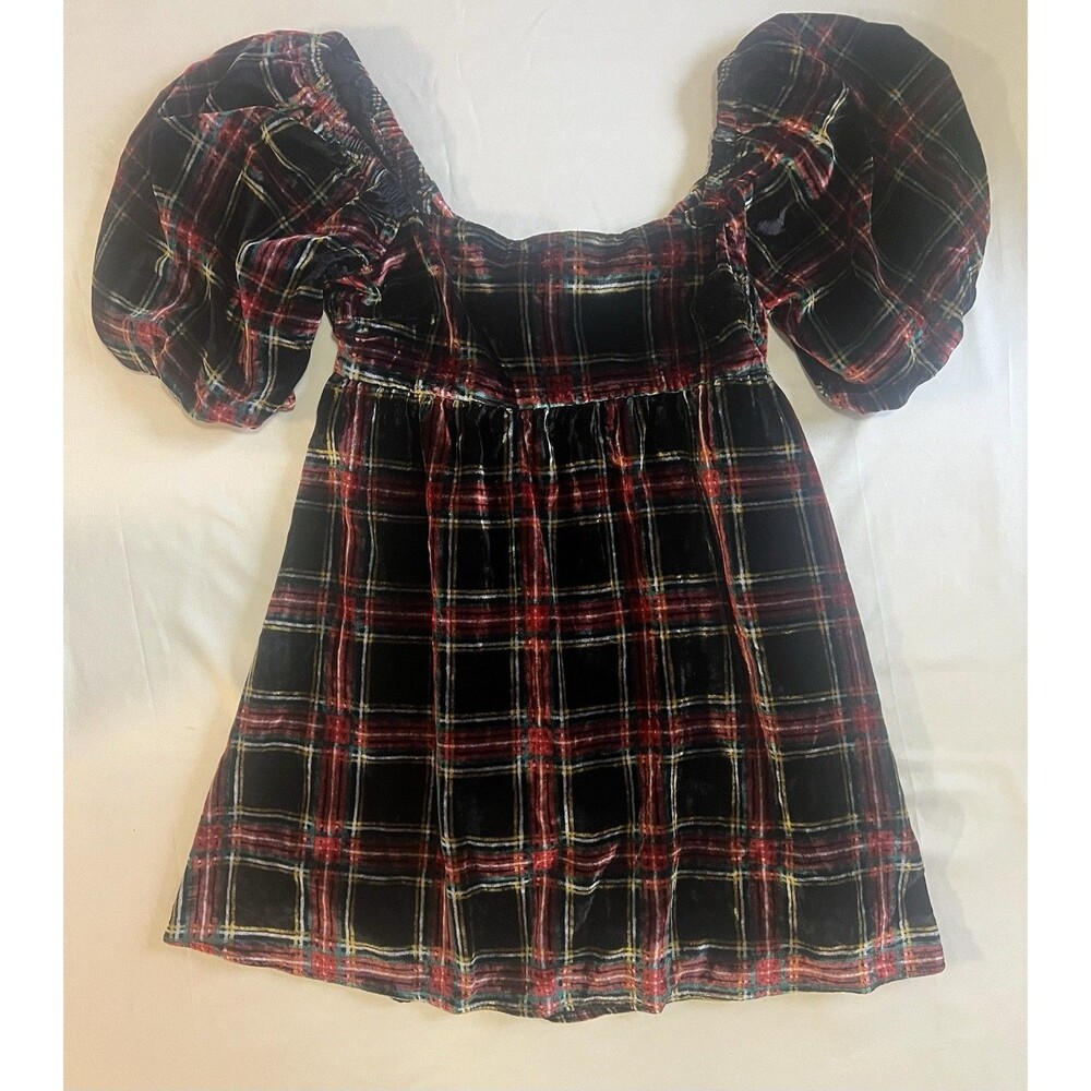 Francesca Mi Ami Plaid Velvet Mini Dress L Puff Sleeve Cottagecore Dark Academia